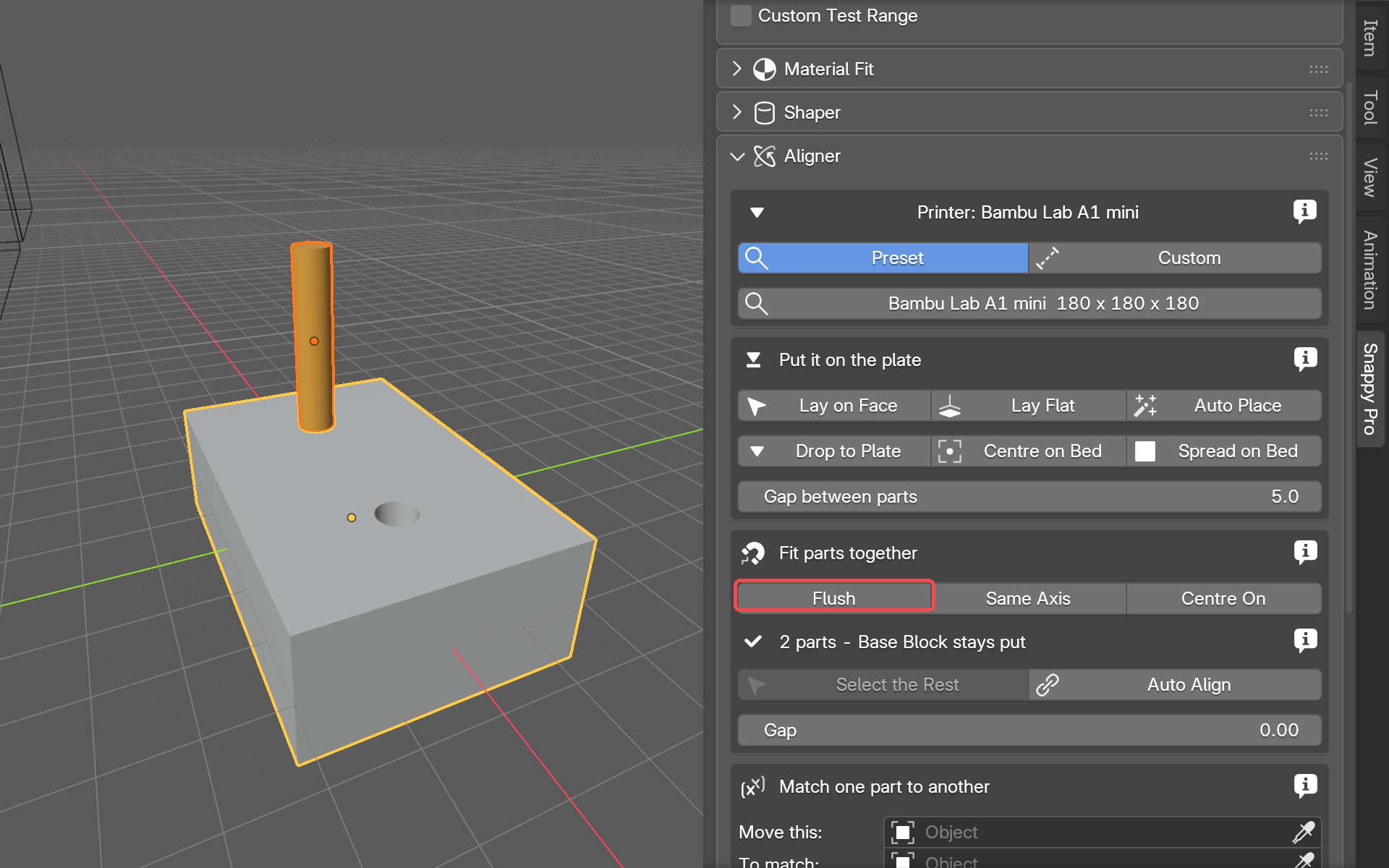 Base Block selected with Peg A and Peg B standing flush on its top face