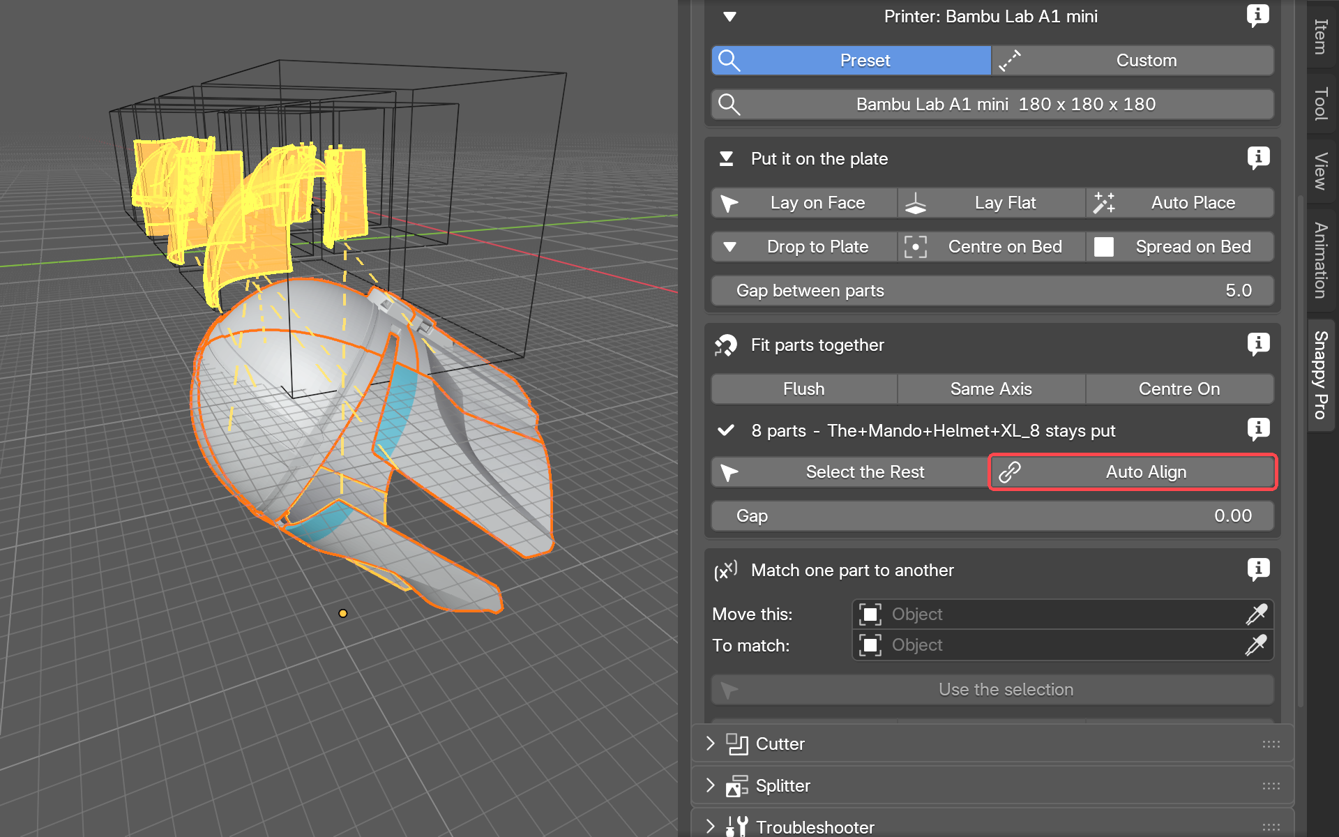 The helmet parts selected as a family and put back together by Auto Align
