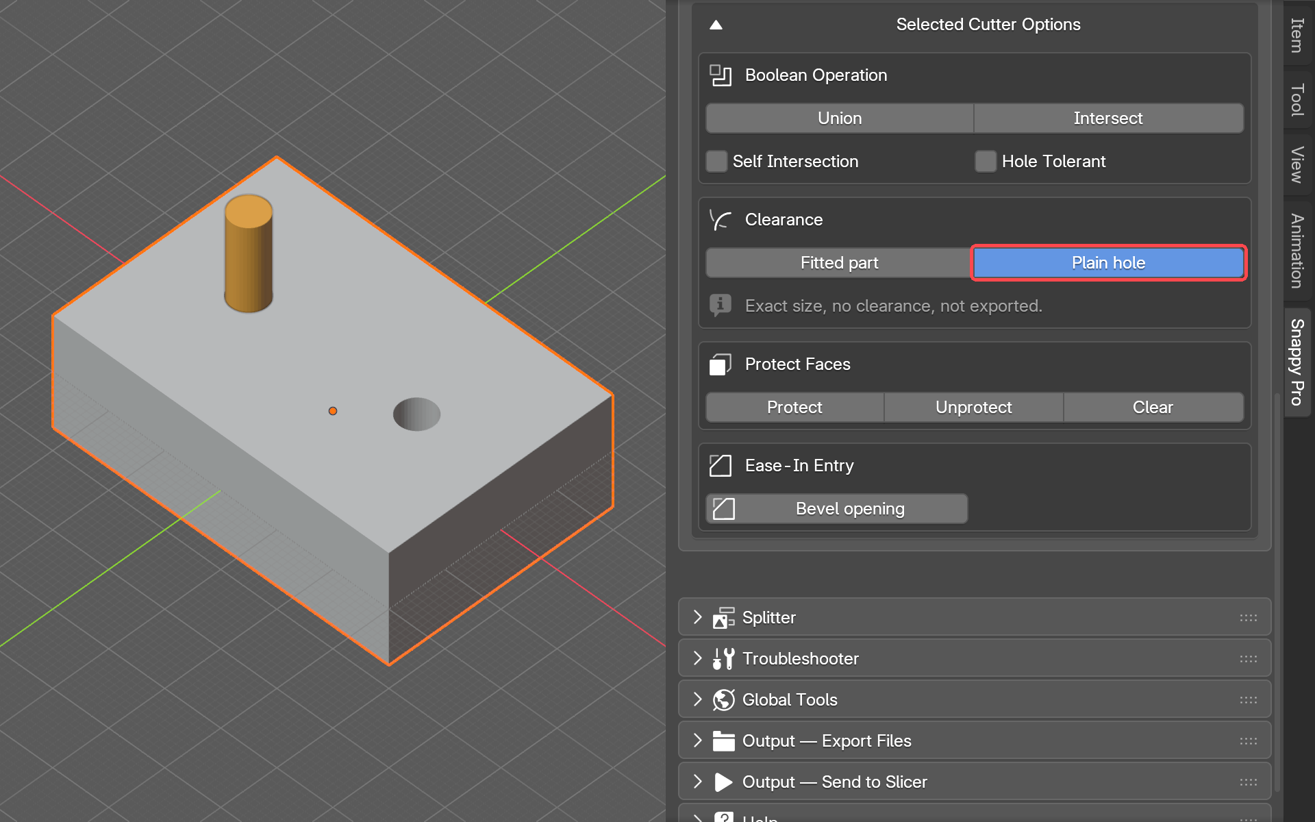 Base Block with the plain-hole cutter hidden so its bare cavity reads, standing next to the other cutter