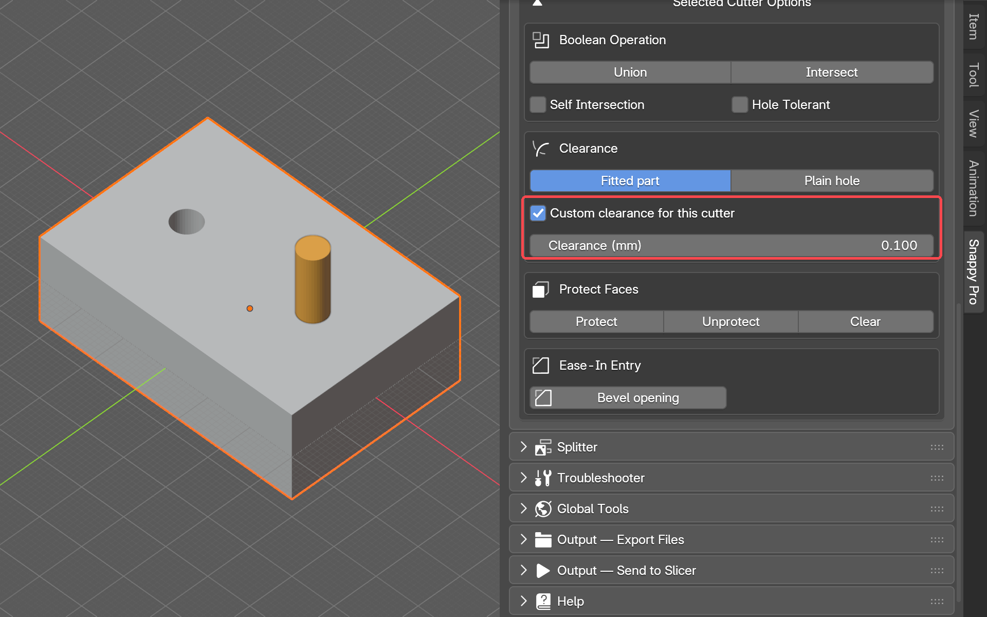 Custom clearance ticked at 0.100mm in the Selected Cutter Options, with the cutter hidden so its pocket shows next to the other visible cutter