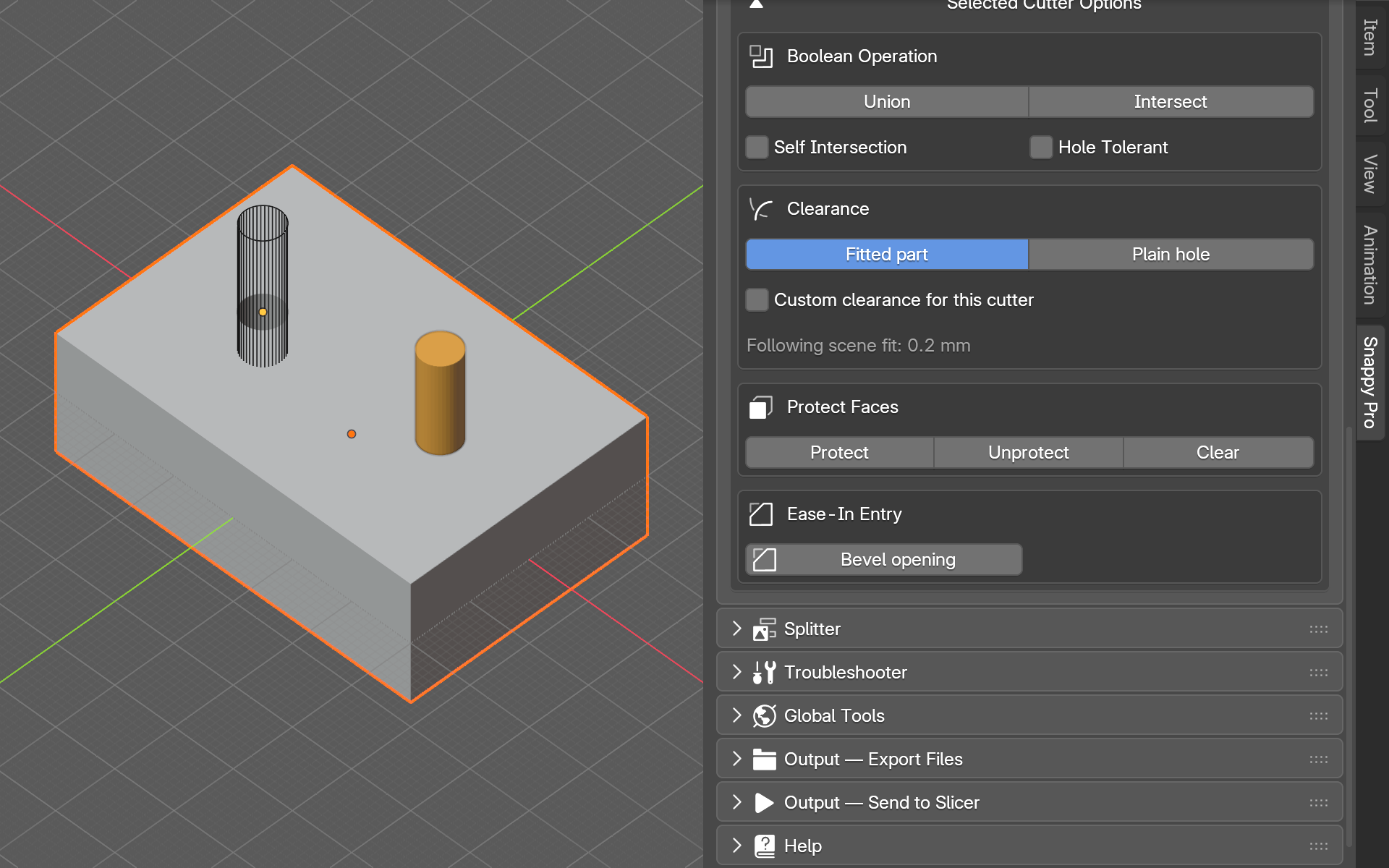 One cutter set to wireframe, showing the hole underneath it, next to the other solid cutter