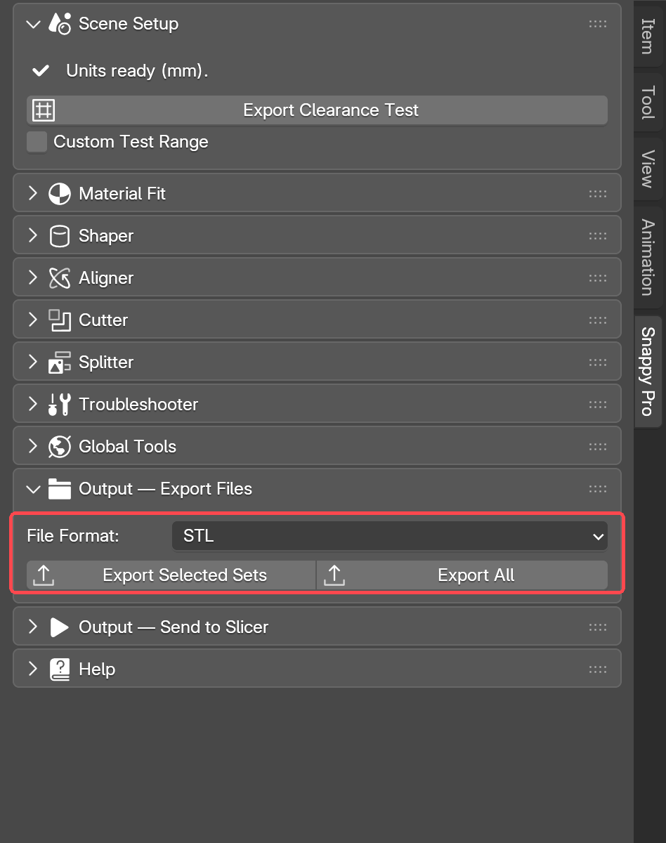 The Export Files panel open: File Format set to STL, with Export Selected Sets and Export All beneath it