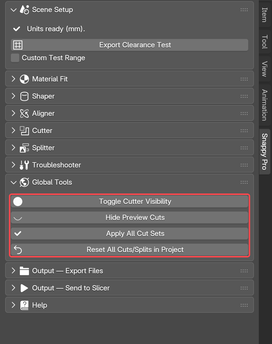 Global Tools open: Toggle Cutter Visibility, Hide Preview Cuts, Apply All Cut Sets and Reset All Cuts/Splits in Project