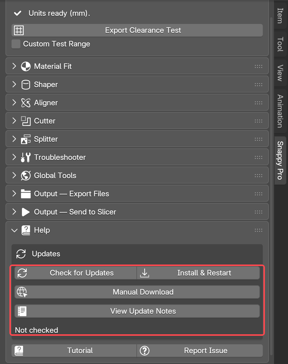 Help open, scrolled to the Updates box: Check for Updates, Install and Restart, Manual Download and View Update Notes, with Tutorial and Report Issue underneath