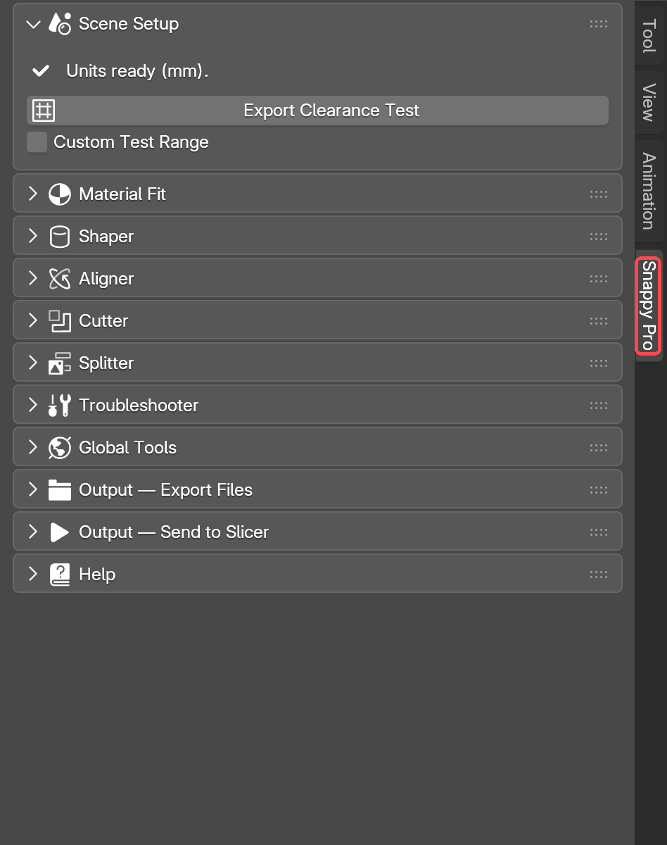 The Snappy Pro tab in Blender's N sidebar, with the panel list underneath