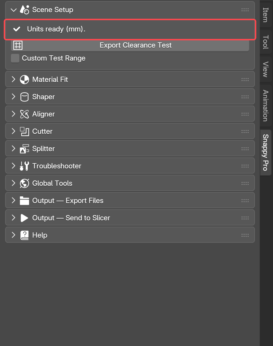 Scene Setup collapsed to Units ready (mm), with the Export Clearance Test button below it