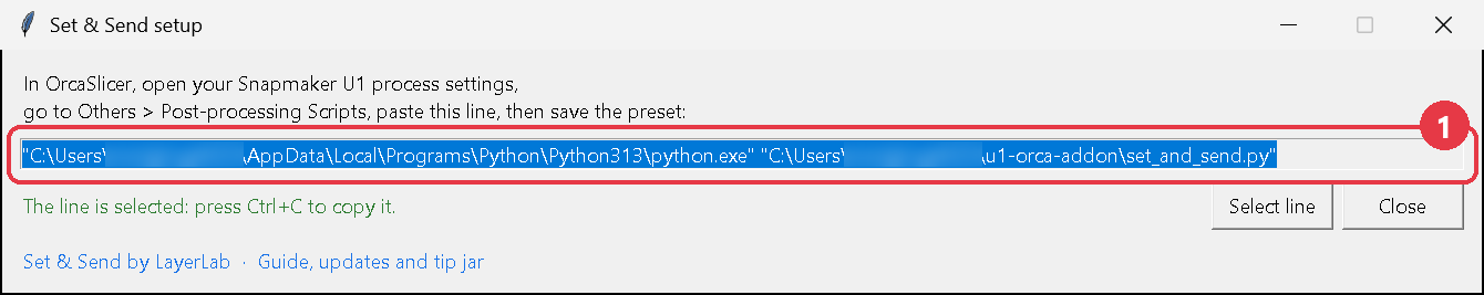 The setup window, with the line selected ready to copy
