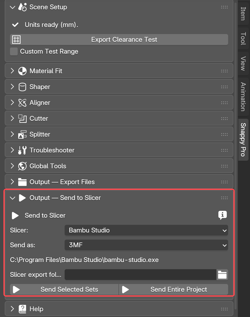 The Send to Slicer panel open: Bambu Studio picked as the slicer, Send as set to 3MF, a ticked Found line naming bambu-studio.exe, and Send Selected Sets / Send Entire Project below