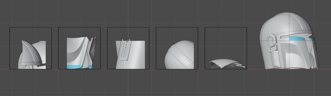 Split pieces on their plates beside the helmet they came from, put back together