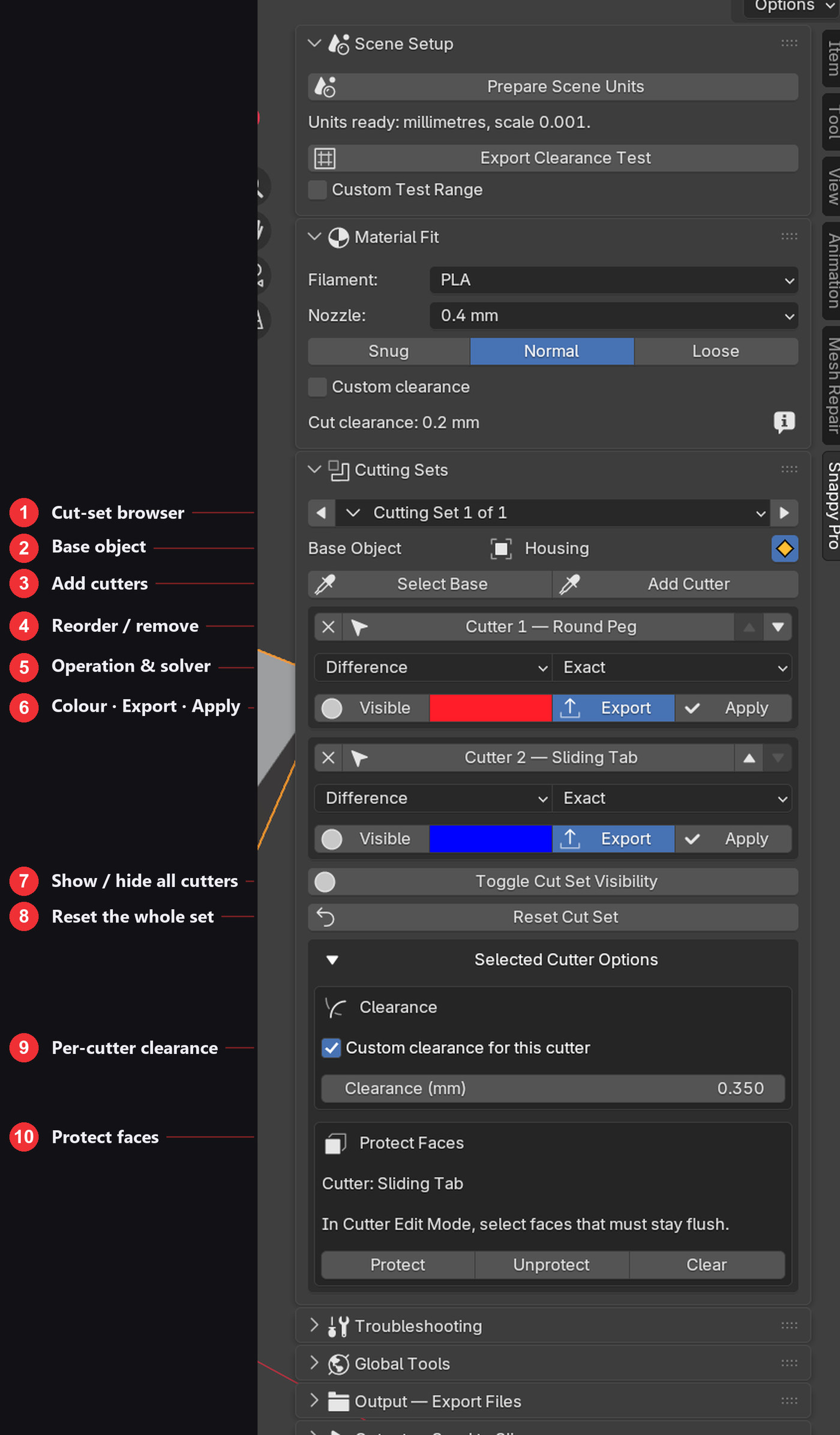 The Cutting Sets panel with every control labelled