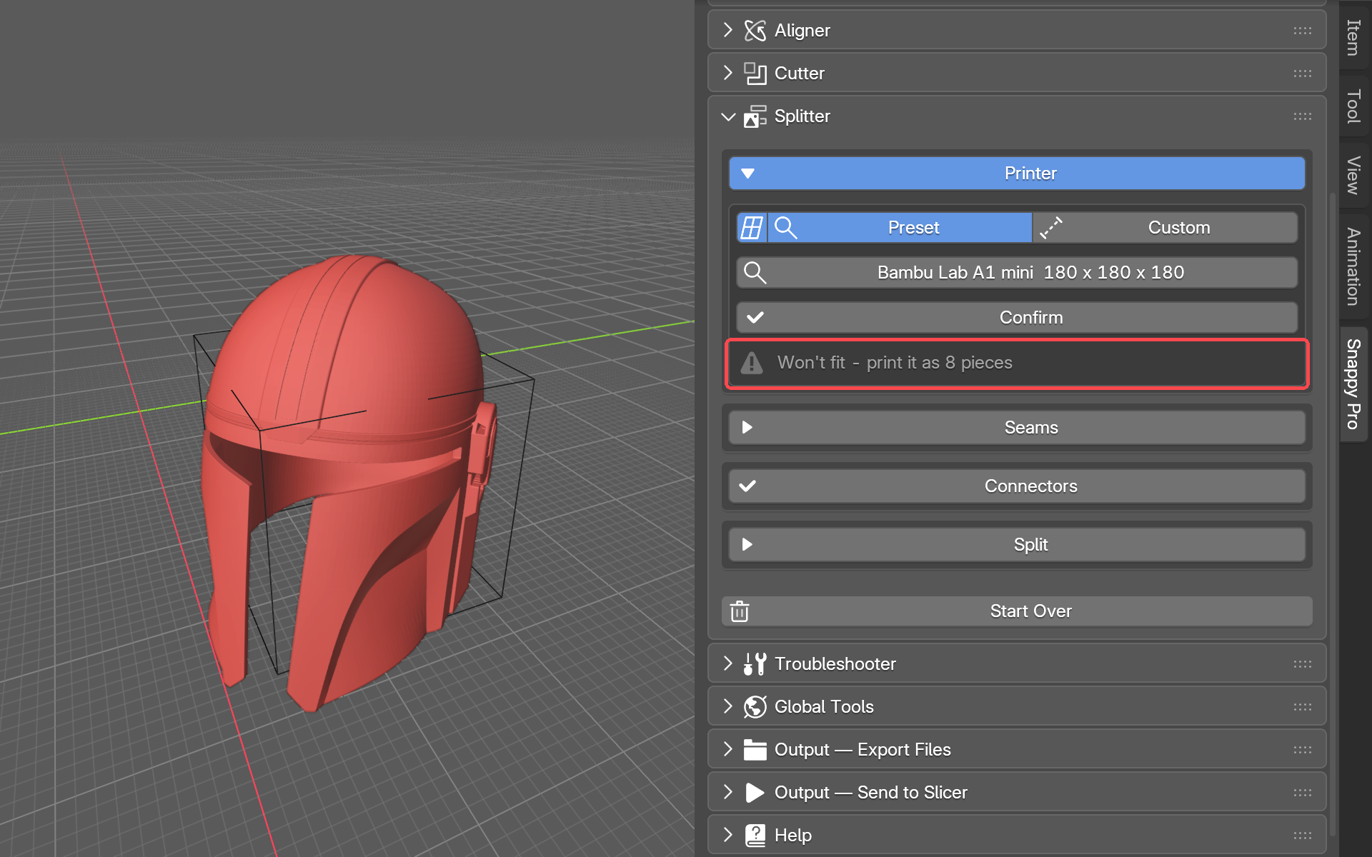 A helmet shown in red because it won't fit the plate, with the Splitter panel reporting it needs 8 pieces
