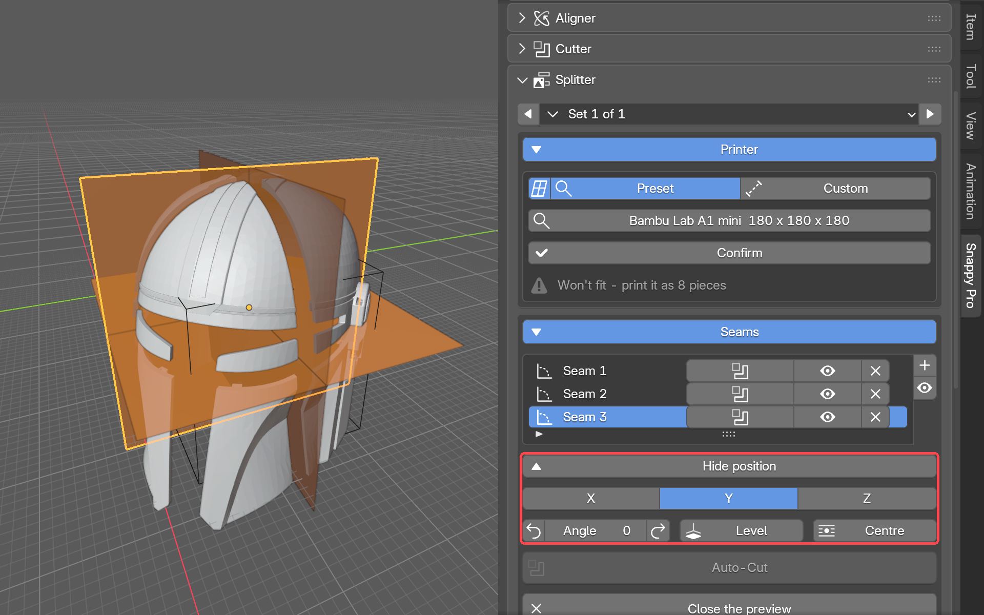 One of Auto-Cut's seams selected in the list, with the Position this seam controls open below it: X/Y/Z, Angle, Level and Centre