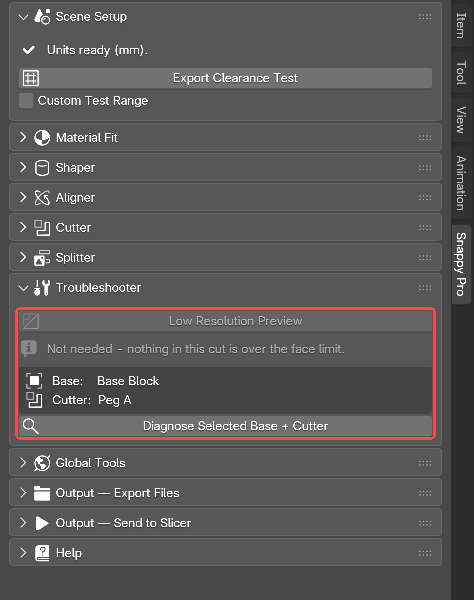The Troubleshooter panel with Base Block and Peg A picked as Base and Cutter, Low Resolution Preview greyed out, and Diagnose Selected Base + Cutter below